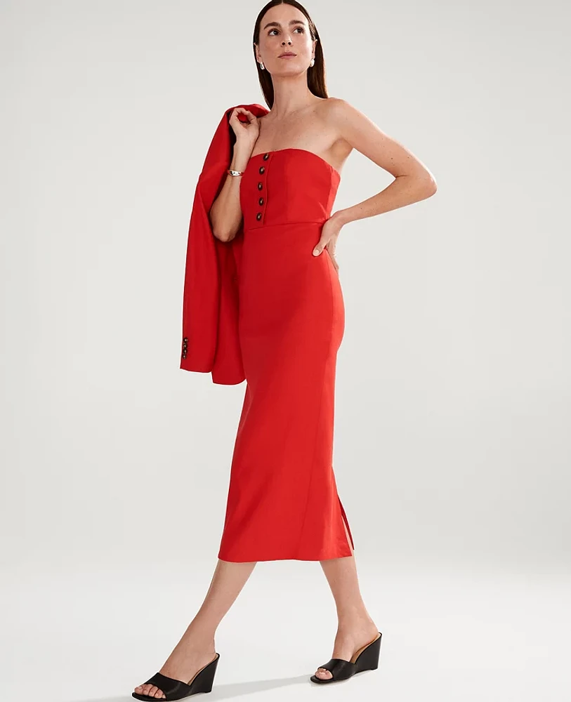 Ann Taylor The Buttoned Strapless Dress Linen Blend Fiery Red Women's