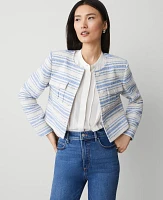 Ann Taylor Striped Tweed Cropped Jacket Light Blue/White Combo Women's