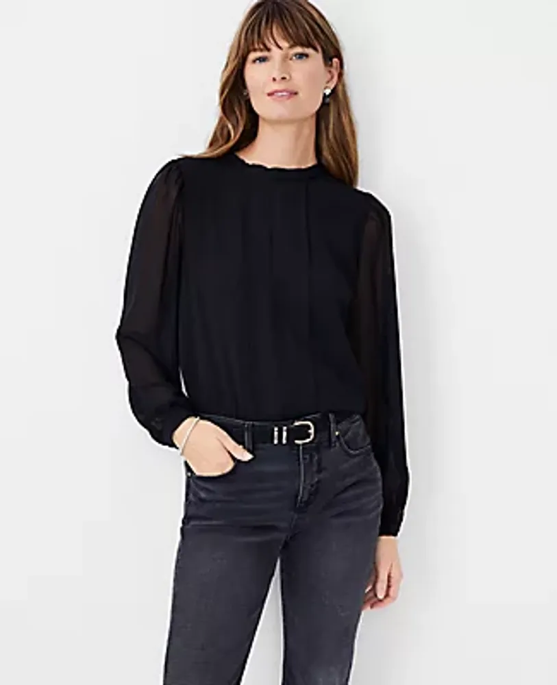 Ann Taylor Lace Mixed Media Mock Neck Blouse