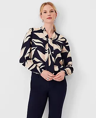 Ann Taylor Leafed Mixed Media Tie Neck Blouse