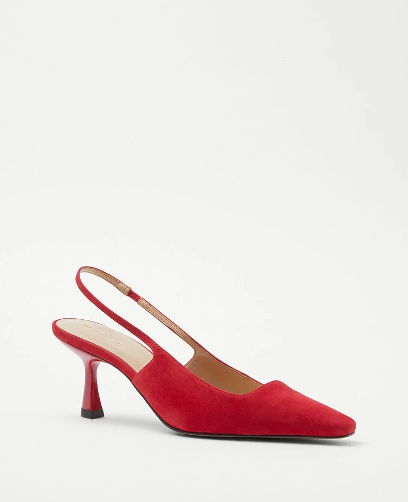 Ann Taylor Suede Square Topline Slingback Pumps Size 5 1/2 Cardinal Red Women's