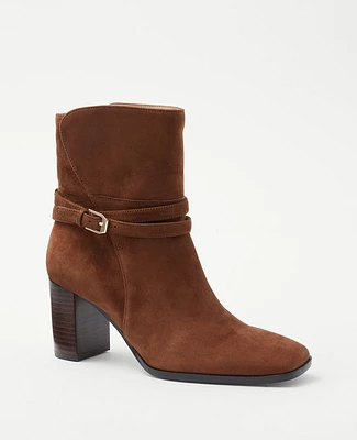 Ann Taylor Wraparound Buckle High Block Heel Suede Boots Size 5 1/2 Dark Maple Women's