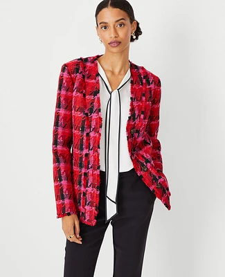 Ann Taylor The Long Cardigan Jacket Houndstooth Tweed Pink Multi Women's