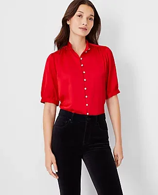Ann Taylor Crystal Button Pleated Mock Neck Top