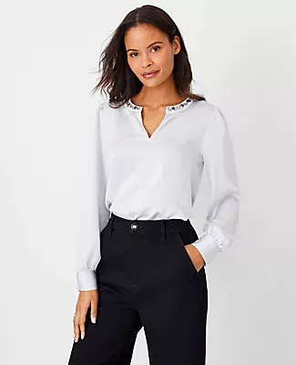 Ann Taylor Jeweled Split Neck Top