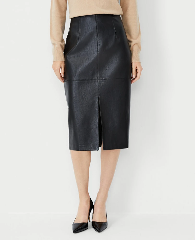 Ann Taylor Petite Pebbled Faux Leather Seamed Pencil Skirt Black Women's