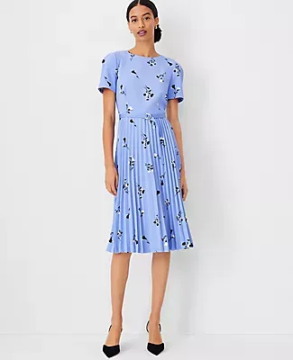 Ann Taylor Floral Pleated Belted Flare Dress