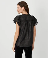 Ann Taylor Metallic Stripe Ruffle V-Neck Top Black Women's