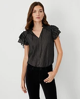 Ann Taylor Metallic Stripe Ruffle V-Neck Top Black Women's