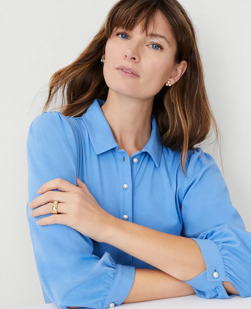 Ann Taylor Pearlized Button Polo Top Size 2XS Pure Azure Women's