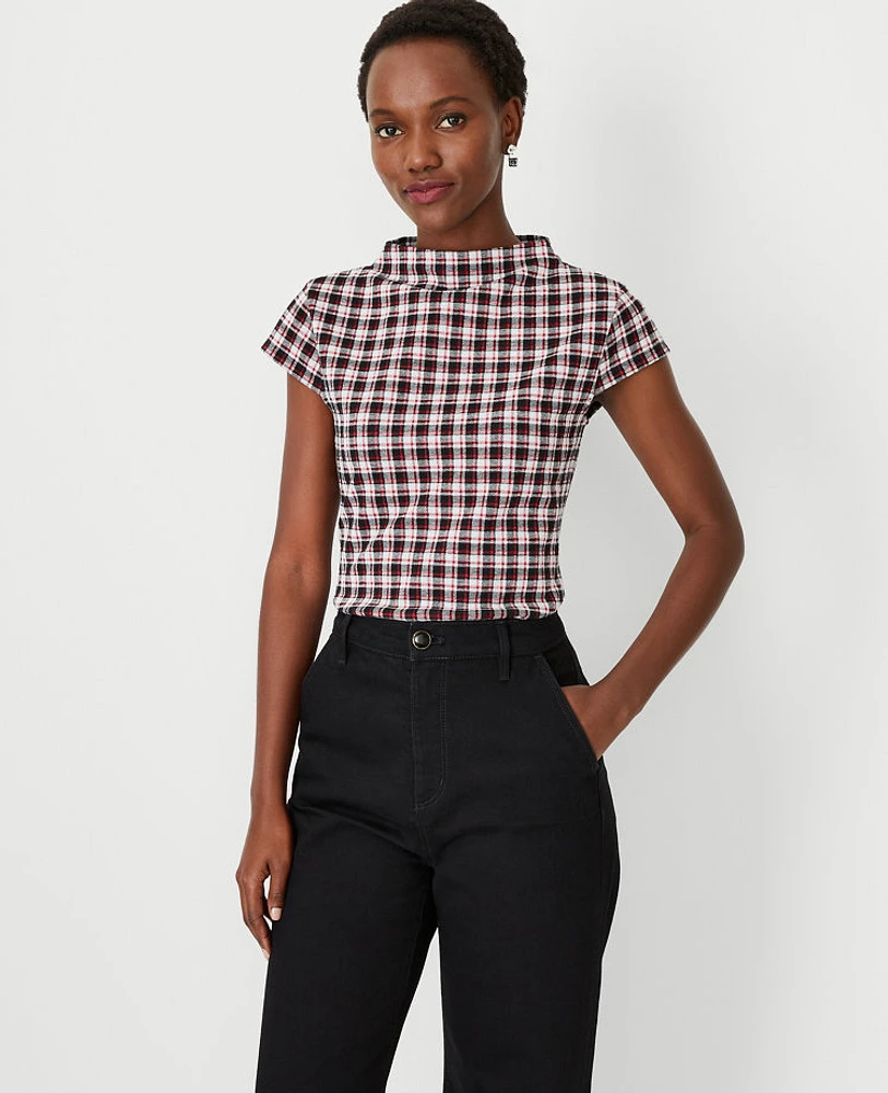 Ann Taylor Plaid Mock Neck Top Black Women's