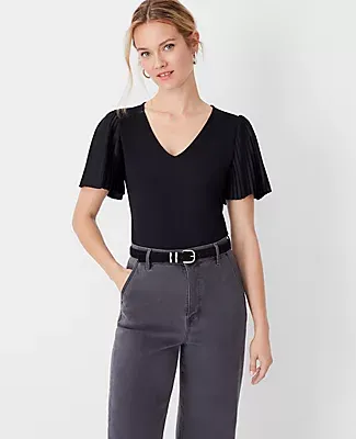 Ann Taylor Shimmer Mixed Media Pleated Sleeve Top