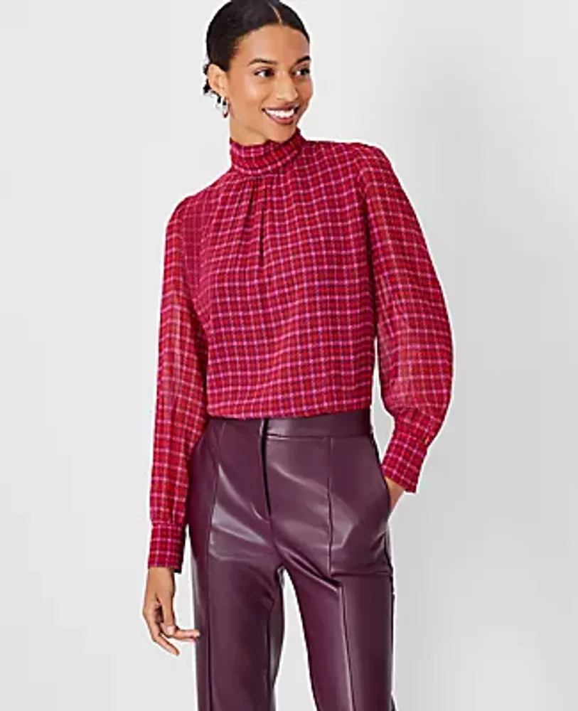 Ann Taylor Petite Houndstooth Pintucked Mock Neck Popover Top