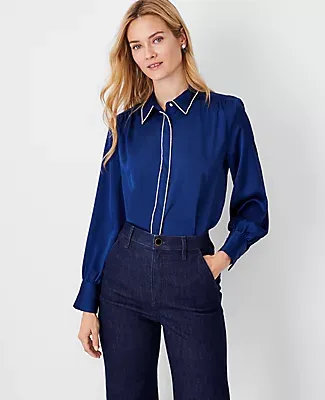 Ann Taylor Crystal Trim Shirred Yoke Shirt