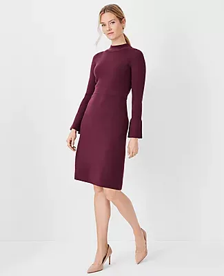 Ann Taylor Crystal Button Cuff Ribbed Flare Sweater Dress