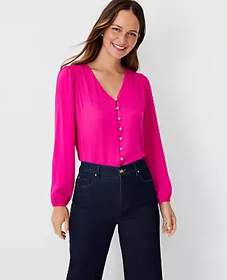 Ann Taylor Pearlized Mixed Media V-Neck Button Top