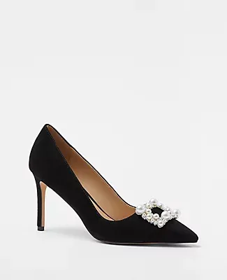 Ann Taylor Pearlized Buckle Suede Straight Heel Pumps