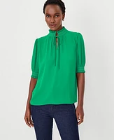 Ann Taylor Embellished Smocked Tie Neck Top Grass Green Women's