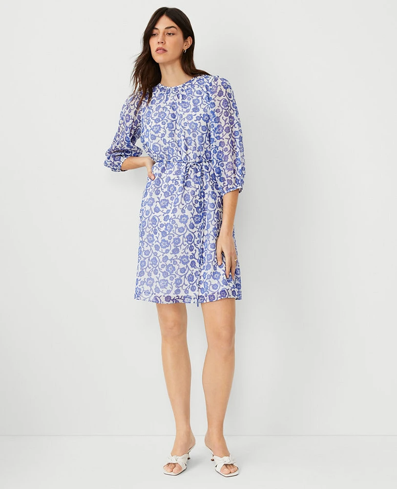 Ann Taylor Floral Gathered Neck Shift Dress Dazzling Blue Women's