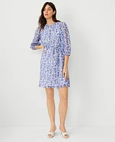 Ann Taylor Floral Gathered Neck Shift Dress Dazzling Blue Women's