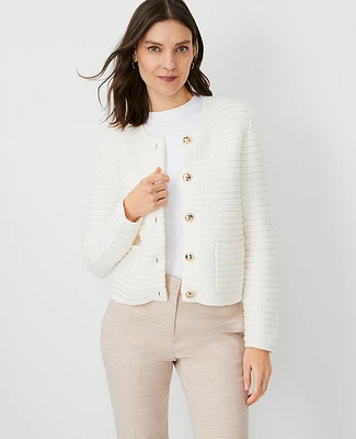 Ann Taylor Geo Stitch Sweater Jacket Winter White Women's