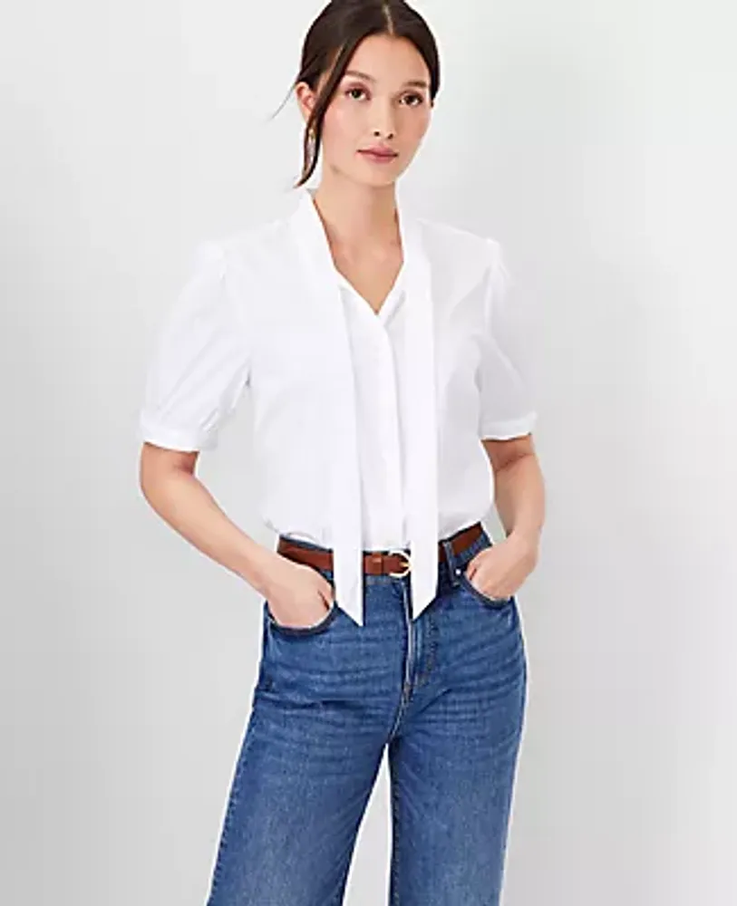 Ann Taylor Poplin Tie Neck Puff Sleeve Top