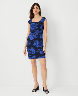 Ann Taylor Floral Cap Sleeve Square Neck Sheath Dress Dazzling Blue Women's