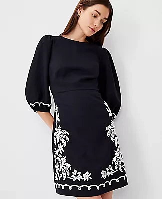 Ann Taylor Embroidered Linen Blend Open Back Flare Dress