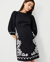 Ann Taylor Embroidered Linen Blend Open Back Flare Dress Black Women's