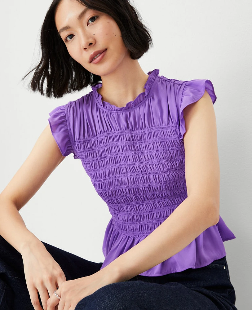 Ann Taylor Smocked Ruffled Top Violet Women's