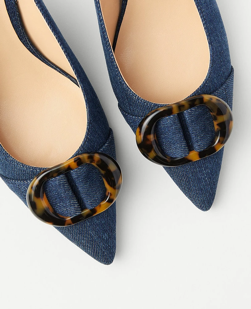 Ann Taylor Denim Tortoiseshell Print Buckle Pointy Toe Slingback Pumps Size 7 1/2 Dark Denim Blue Women's