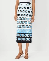 Ann Taylor Geo Border Linen Blend Midi Column Skirt Cerulean Blue Women's