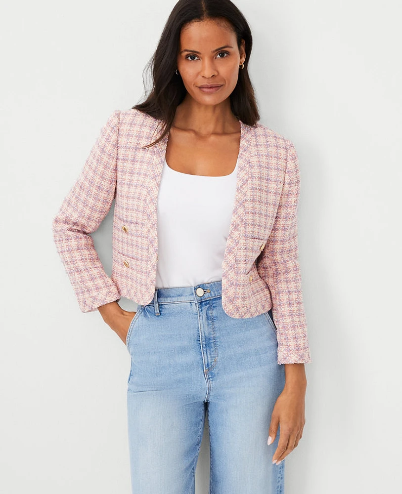 Ann Taylor Tweed Short V-Neck Jacket Pink/Purple Combo Women's