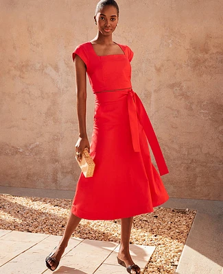 Ann Taylor Linen Blend Tie Waist Pocket Midi Skirt Fiery Red Women's