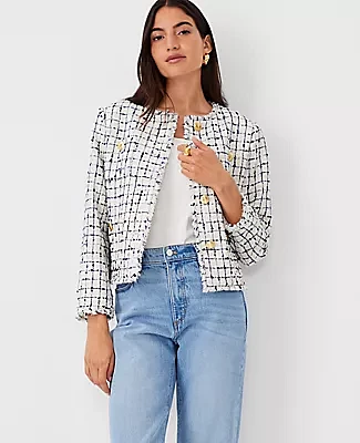 Ann Taylor The Short Patch Pocket Jacket Confetti Fringe Tweed