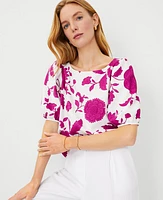 Ann Taylor Floral Linen Blend Boatneck Popover Top Magenta Shadow Women's