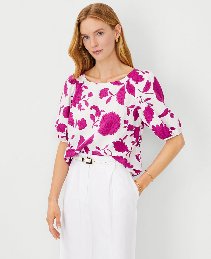 Ann Taylor Floral Linen Blend Boatneck Popover Top Magenta Shadow Women's