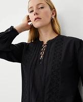 Ann Taylor Embroidered Lace Up Cotton Blend Popover Top Black Women's