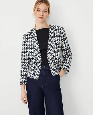 Ann Taylor Petite Houndstooth Tweed Cropped Cardigan Jacket Blue/Ivory Multi Women's