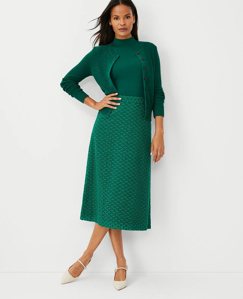 Ann Taylor Eyelet A-Line Midi Skirt Fresh Evergreen Women's