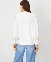 Ann Taylor Embroidered Sleeve Tie Neck Top Winter White Women's