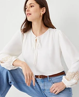 Ann Taylor Embroidered Sleeve Tie Neck Top Winter White Women's