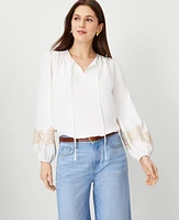 Ann Taylor Embroidered Sleeve Tie Neck Top Winter White Women's