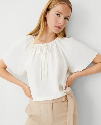 Ann Taylor Shirred Tie Neck Button Popover Top Winter White Women's