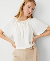 Ann Taylor Shirred Tie Neck Button Popover Top Winter White Women's