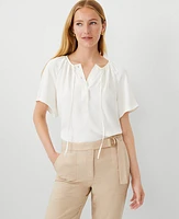 Ann Taylor Shirred Tie Neck Button Popover Top Winter White Women's