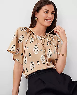 Ann Taylor Floral Shirred Tie Neck Button Popover Top