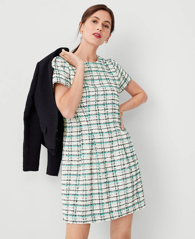 Ann Taylor Petite Plaid Tweed Flare Dress Neutral/Green Multi Women's