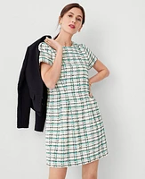 Ann Taylor Petite Plaid Tweed Flare Dress Neutral/Green Multi Women's