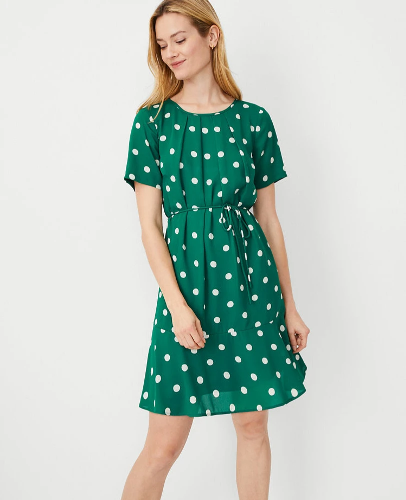 Ann Taylor Dot Flounce Hem Belted Shift Dress Size XS Fresh Evergreen Women's